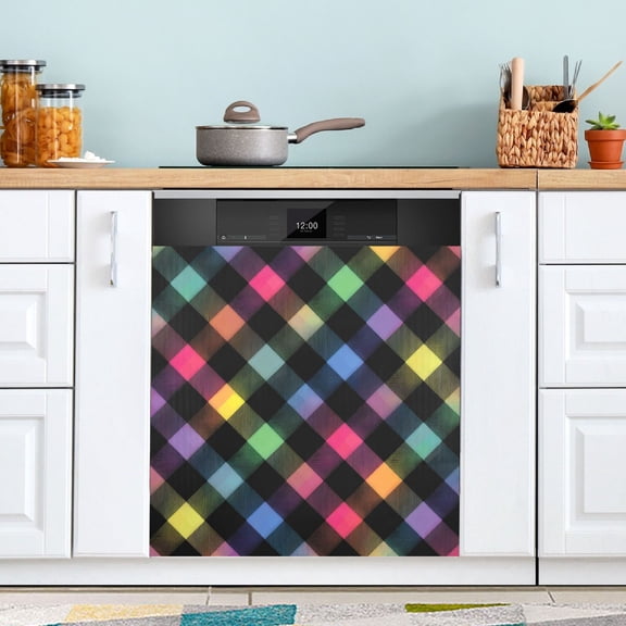 23"x26" Dishwasher Magnetic Refrigerator Magnet Cover Sticker Home Decorative Neon Rainbow Checkered Pattern