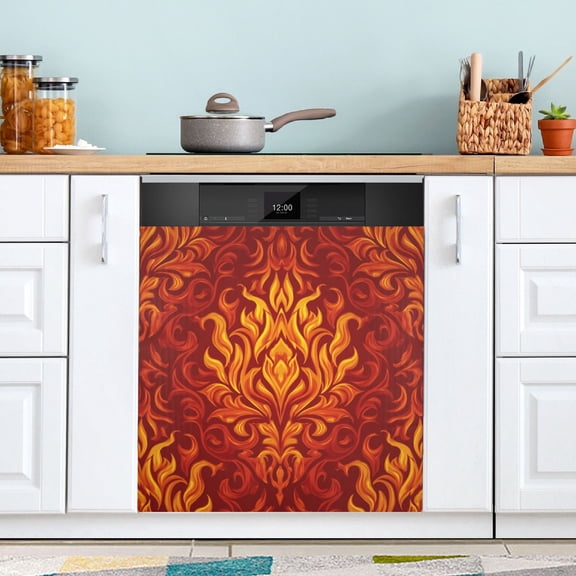 23"x26" Dishwasher Magnetic Refrigerator Magnet Cover Sticker Home Decorative Ornate Flame Damask Print