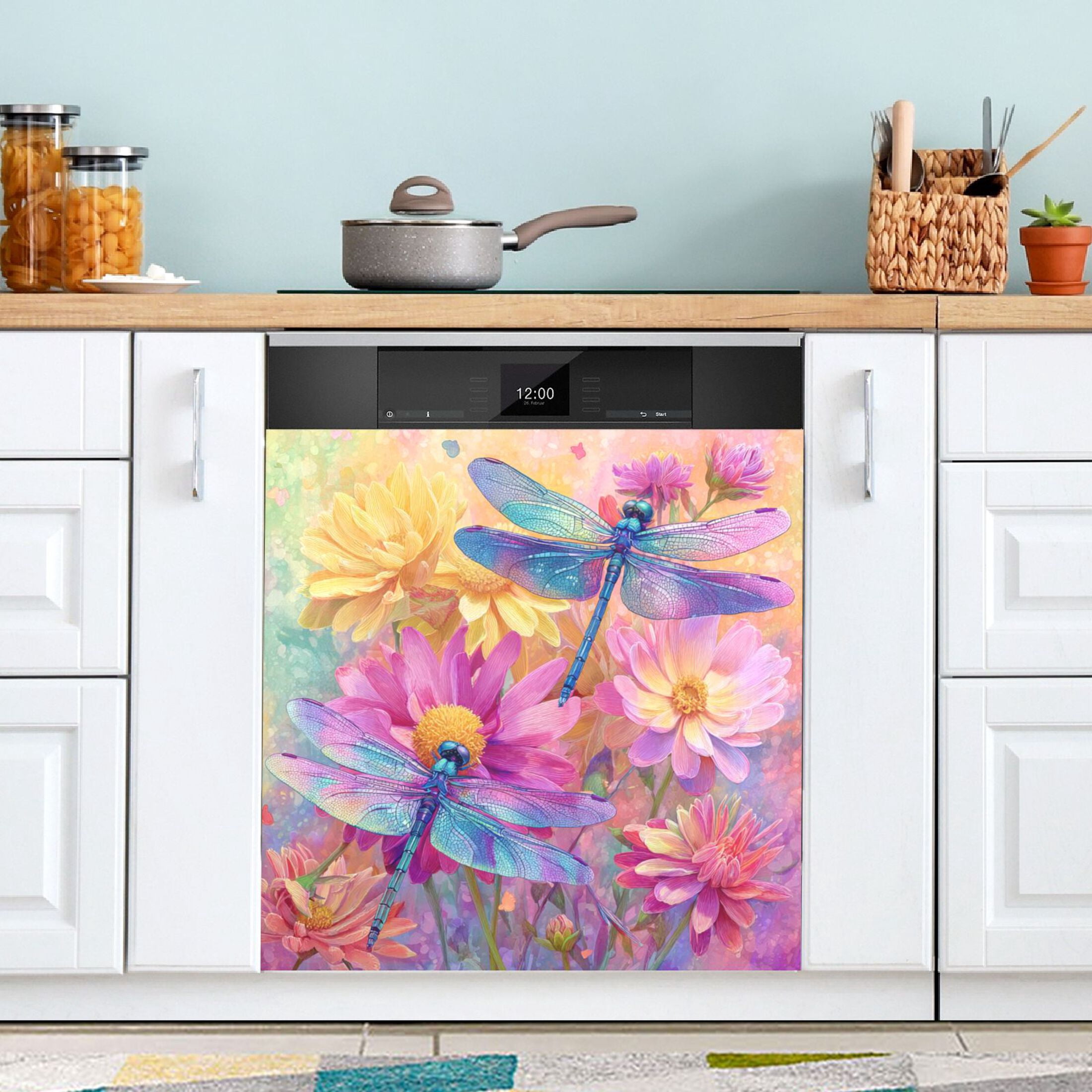 23"x26" Dishwasher Magnetic Refrigerator Magnet Cover Sticker Home Decorative Summer Dragonfly Blooms Print