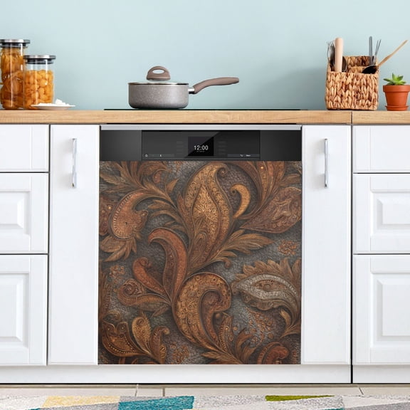 23"x26" Dishwasher Magnetic Refrigerator Magnet Cover Sticker Home Decorative Vintage Leather Scrolls