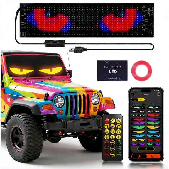 23"x5" Devil Eyes Light for Car Windshield, Programmable LED Screen with App & Remote, Custom Scrolling Text Animation, USB Powered for Truck SUV RV