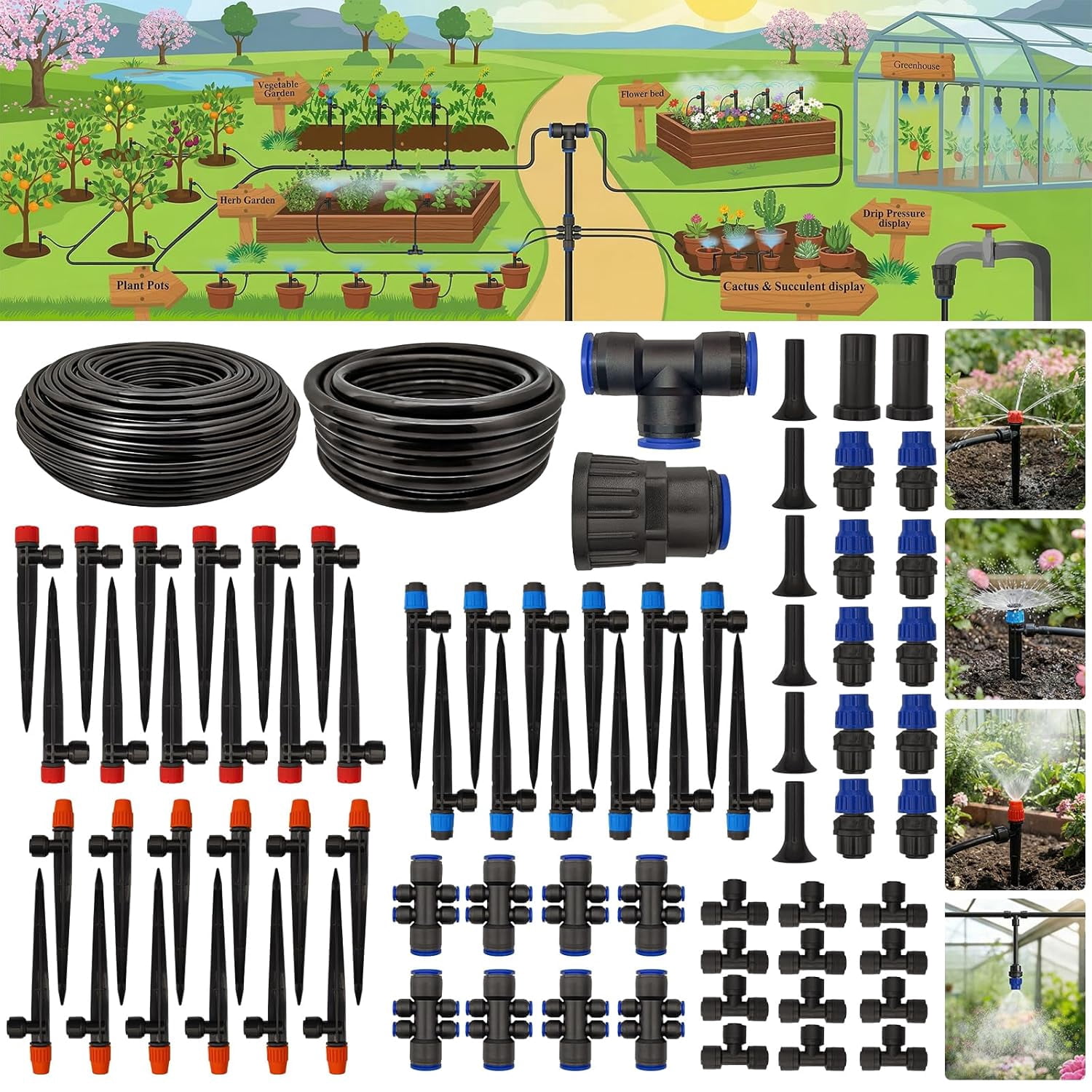 230 Foot Drip Irrigation Kit, Quick Connect Garden Watering System with 1/4" & 1/2" Hose for Lawn Raised Bed Greenhouse