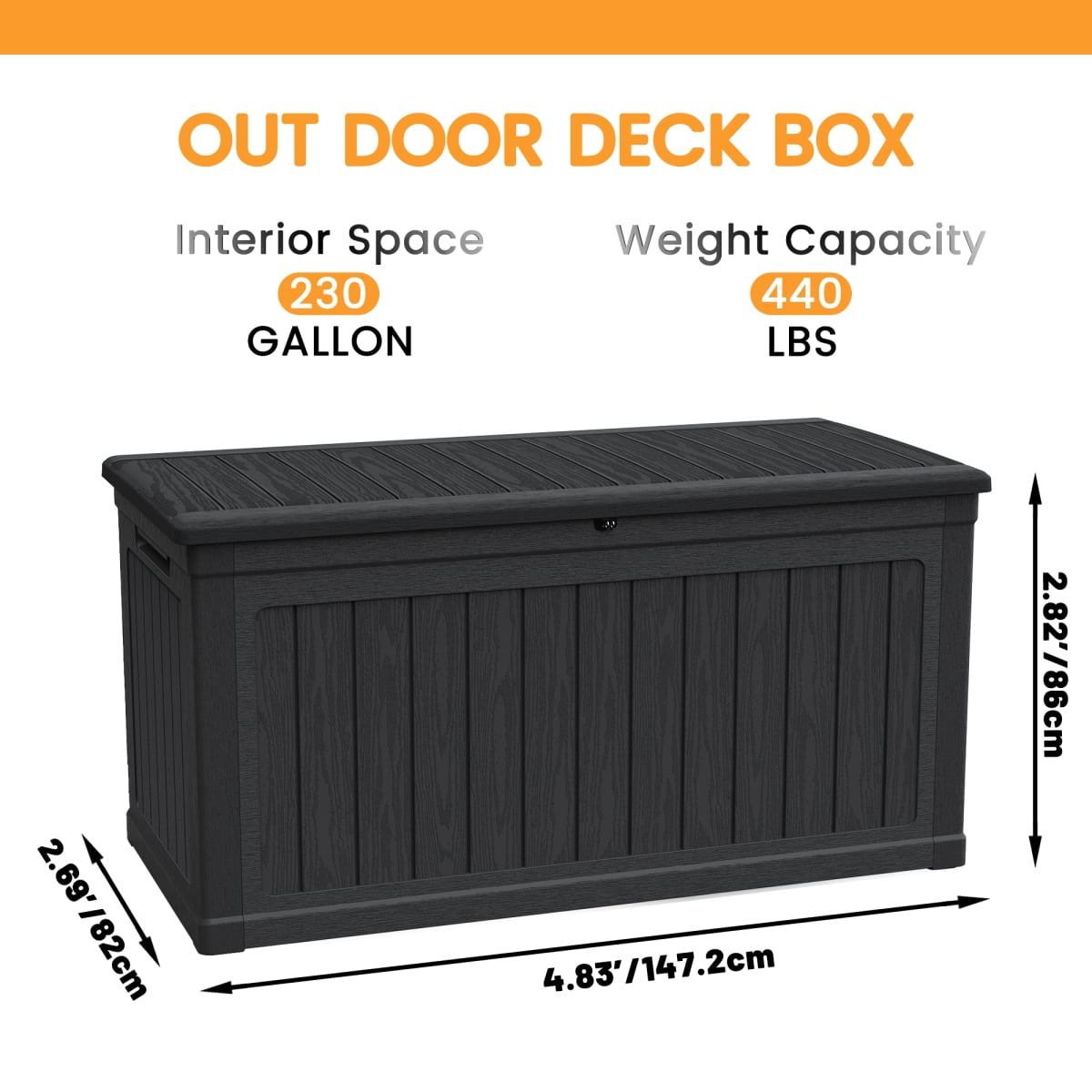 230 Gallon Large Outdoor Storage XXL Deck Box Waterproof Resin Lockable Black for Patio Furniture Cushions Garden Tools Pool Equipment