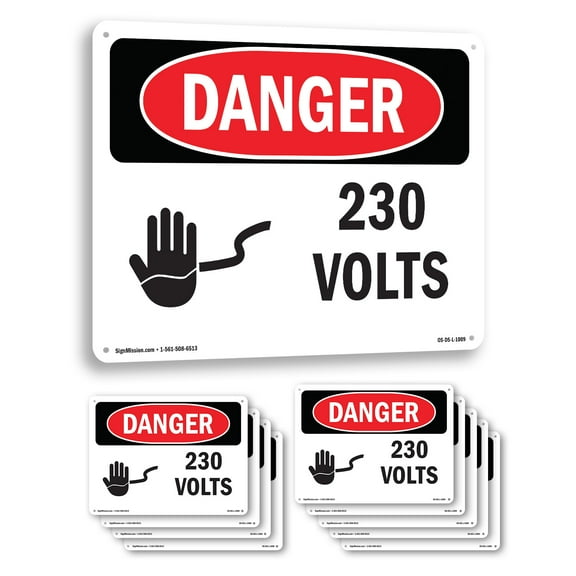 230 Volts OSHA Danger Rigid Plastic Sign 14 Inch x 10 Inch - 10 Pack