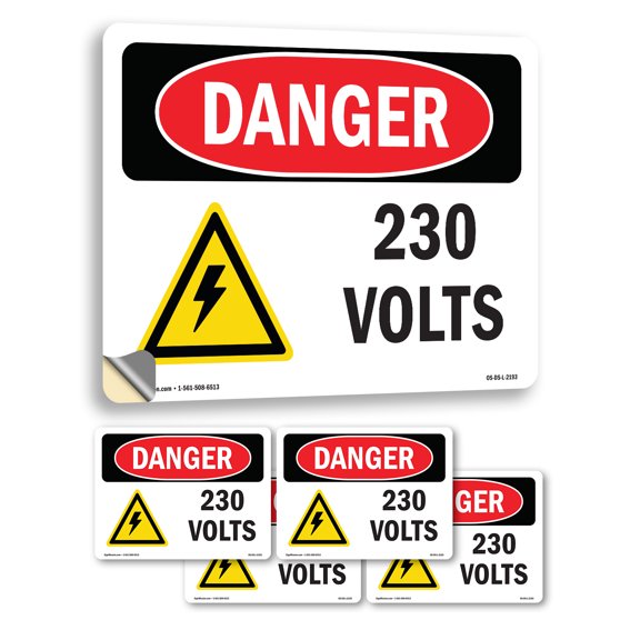 230 Volts OSHA Danger Vinyl Decal Label 5 Inch x 3.5 Inch - 5 Pack