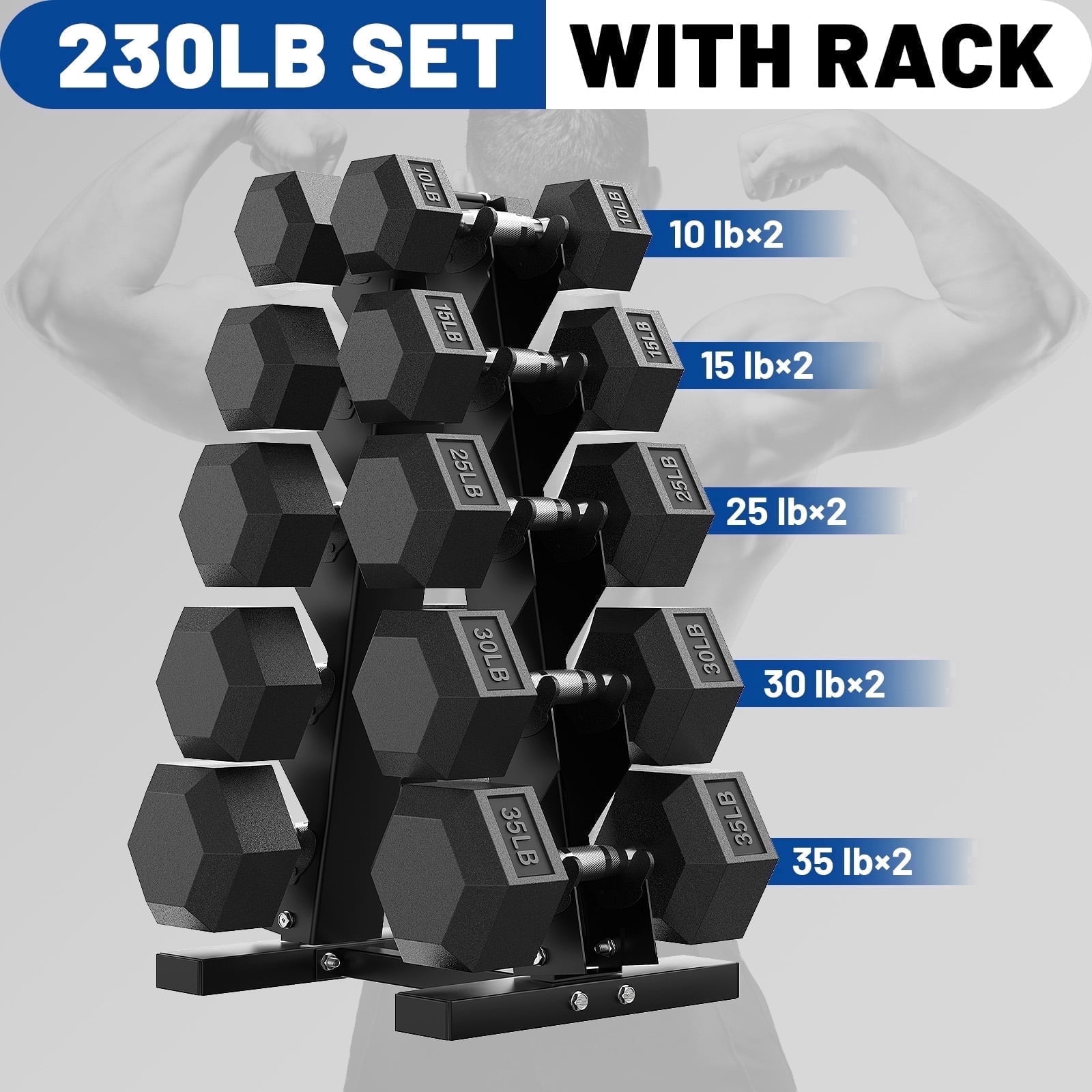 230 lb Dumbbell Set with Rack, Rubber Encased Hex Free Weights for Home Gym Strength Training