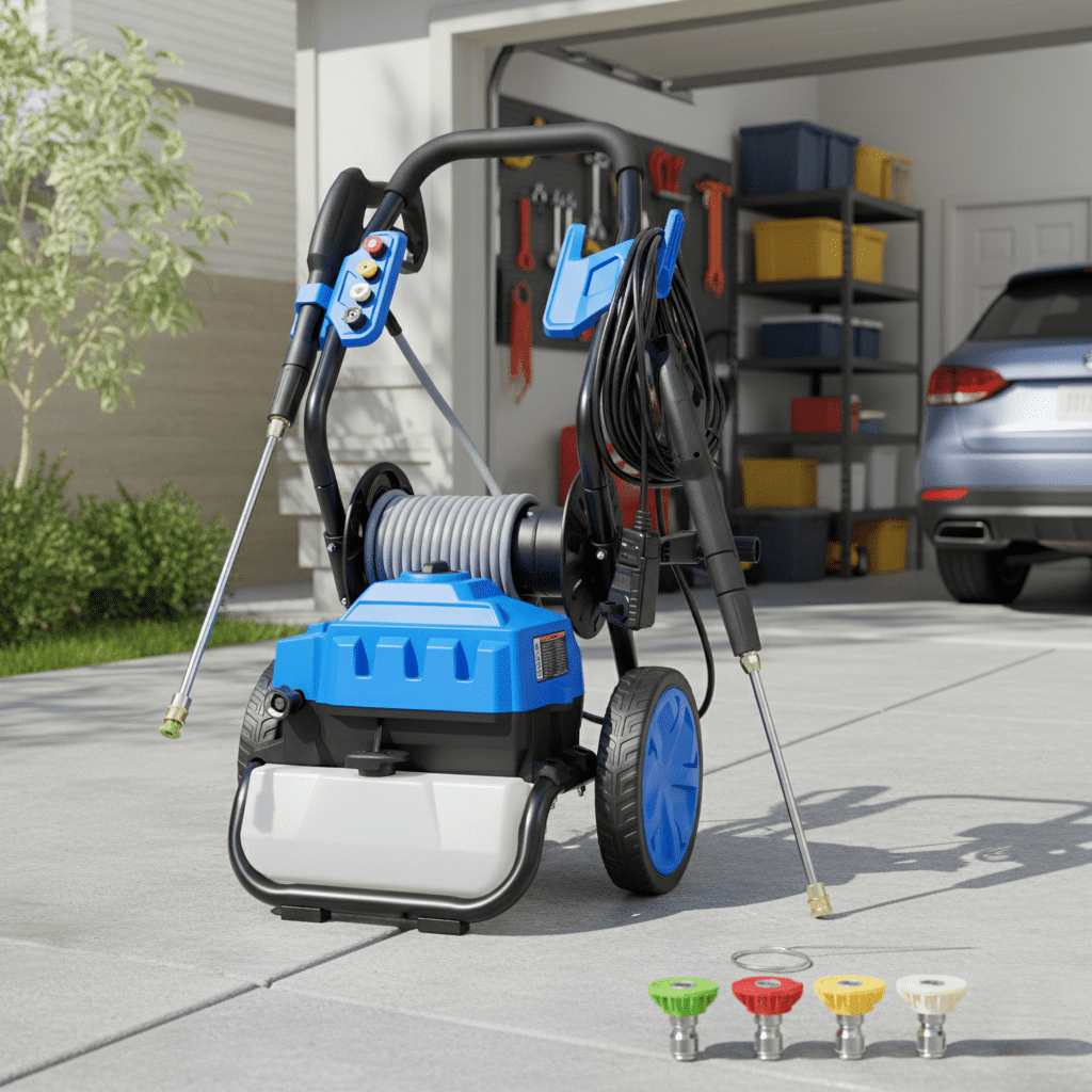 2300 PSI Electric Pressure Washer with Wheels, 1.8 GPM High Power Washer for Driveway, Patio, Deck & Car Cleaning | Includes 5 Quick-Connect Nozzles, Soap Dispenser, 21ft Hose & 35ft Cord