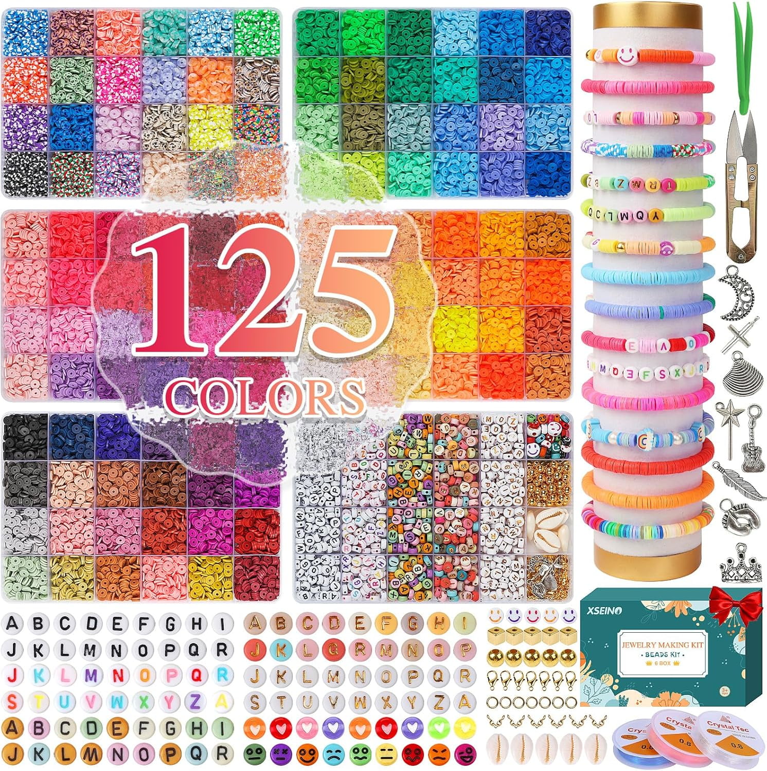 23000Pcs Clay Beads Bracelet Making Kit, 6Boxes 125Colors Friendship Polymer Beads and 5 Styles Letter Beads with Jewelry Making Accessories and 3 Rolls Crystal Cord for Crafts Christmas Gifts