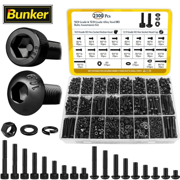 2300PCS M3 Screw Assortment Kit with Nuts and Washers, M3x4/6/8/12/16/20/25/30/35mm Hex Socket Button & Cap Head Bolts, 10.9 & 12.9 Grade Alloy Steel Metric Screws for 3D Printer DIY