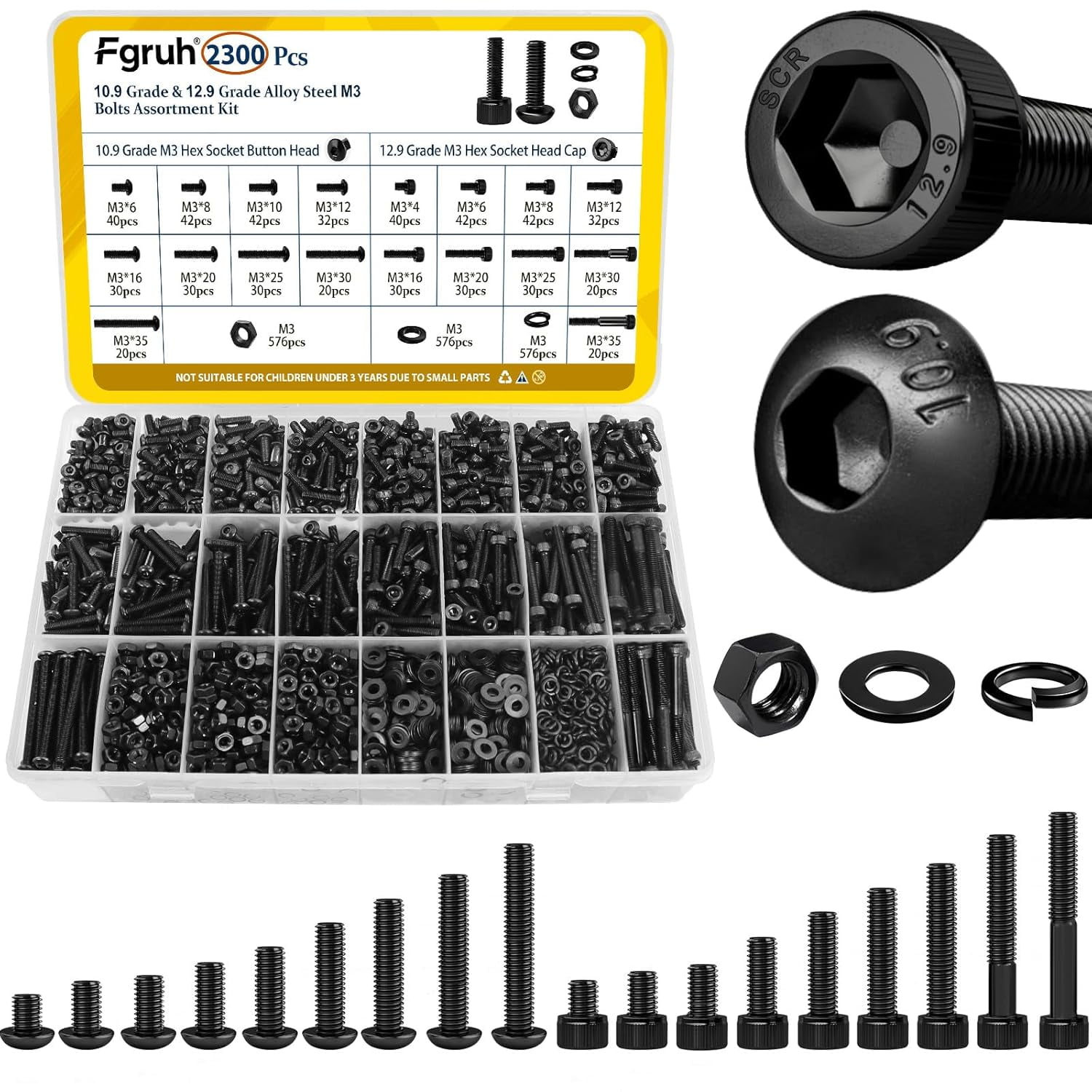 2300PCS M3 Screws with Nuts Assortment Kit, M3x4/6/8/12/16/20/25/30/35 ...