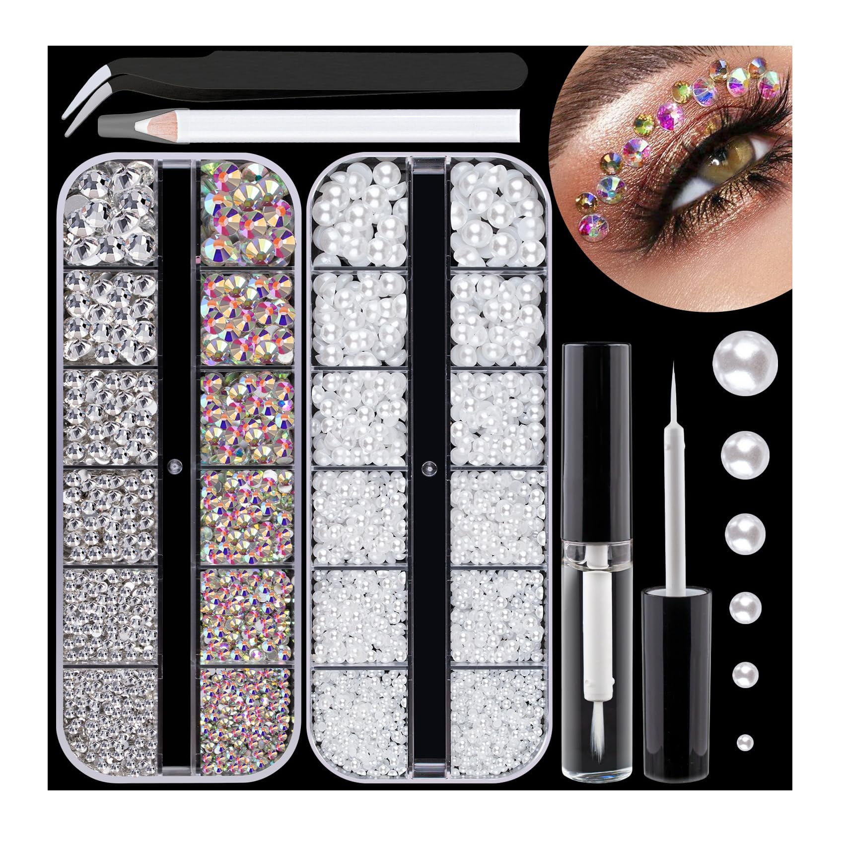 2300pcs Face Gems Flatback Rhinestone for Makeup with Glue, Round Glass
