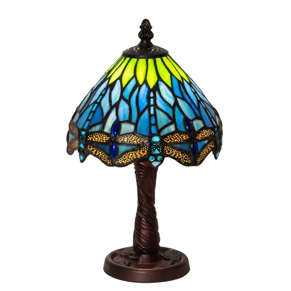Tiffany Dragonfly 13" Mahogany Bronze Table Lamp with Stained Glass
