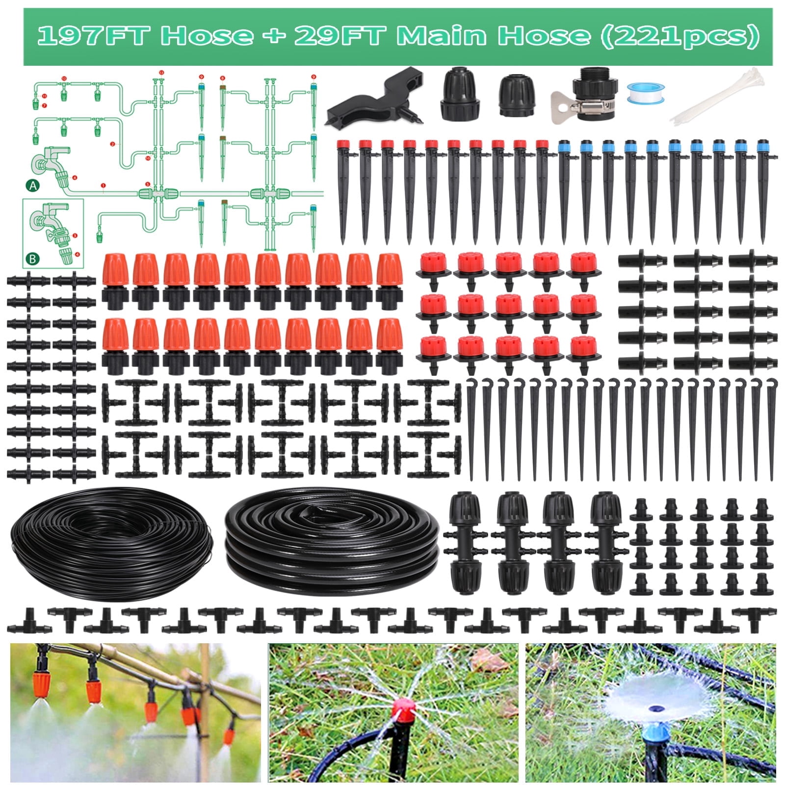 KENWQZI 230FT Drip Irrigation Kit-221pcs Quick Connector Garden Watering System- Irrigation System Patio Misting Plant Watering System -1/4 inch 1/2 inch Irrigation Tubing Hose Adjustable Nozzle