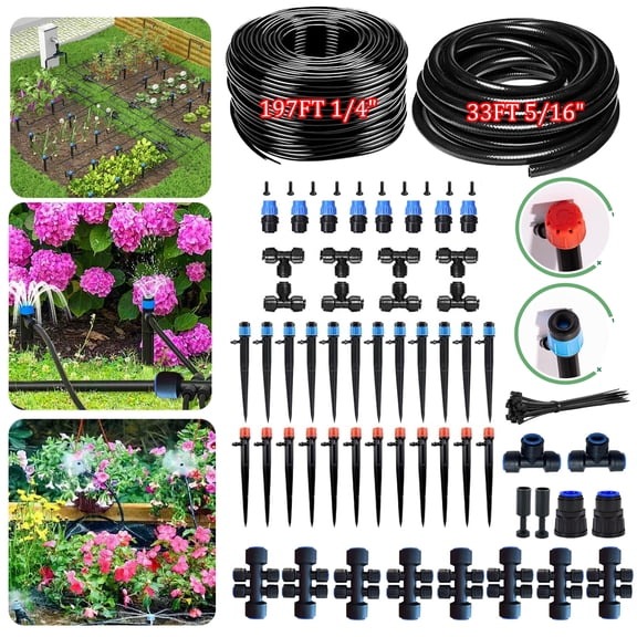 230FT Drip Irrigation System Kit, Automatic Garden Watering System for Plant 33FT 5/16" Tube + 197FT 1/4" Tube