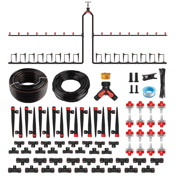 230FT Drip Irrigation System Kit, Complete Garden Watering System with 1/2” & 1/4” Quick-Connect Tubing, 32 Adjustable Emitters for Raised Beds, Lawn, Greenhouse, Potted Plants