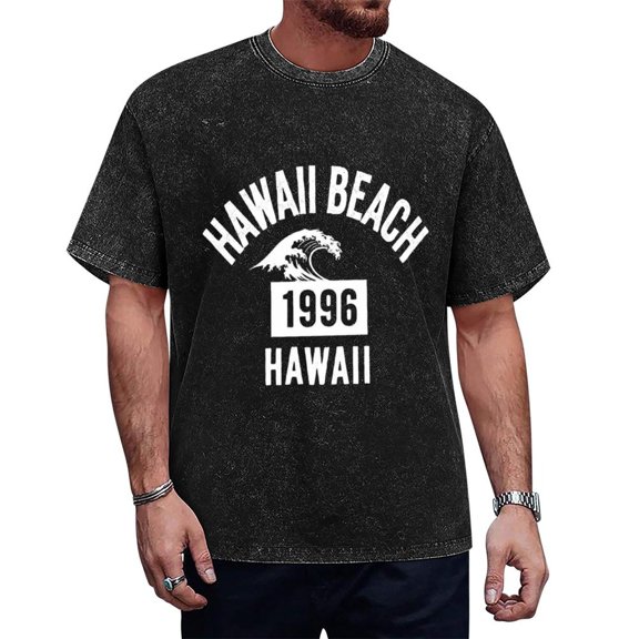230G Washed Cotton T - Shirt with Hawaii Beach 1996 Graphic Print for Men