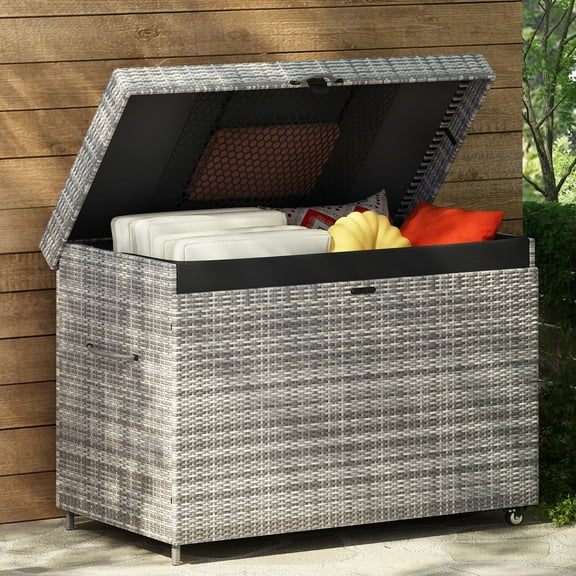 230Gal Outdoor Storage and Deck Box, Gray Rattan Lockable Storage Bin on Wheels, Raised Storage for Pool Patio Porch Toy Cushions, with Storage Pocket, Water Resistant Liner, Lockable