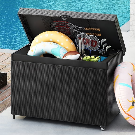 230Gal Rattan Deck Box, Seizeen Outdoor Storage Box, All-Weather Pool Patio Storage Bin on Wheels, with Zipper Liner, Mesh Pocket, Lockable Large Storage for Cushions Toy Garden Tools, Black