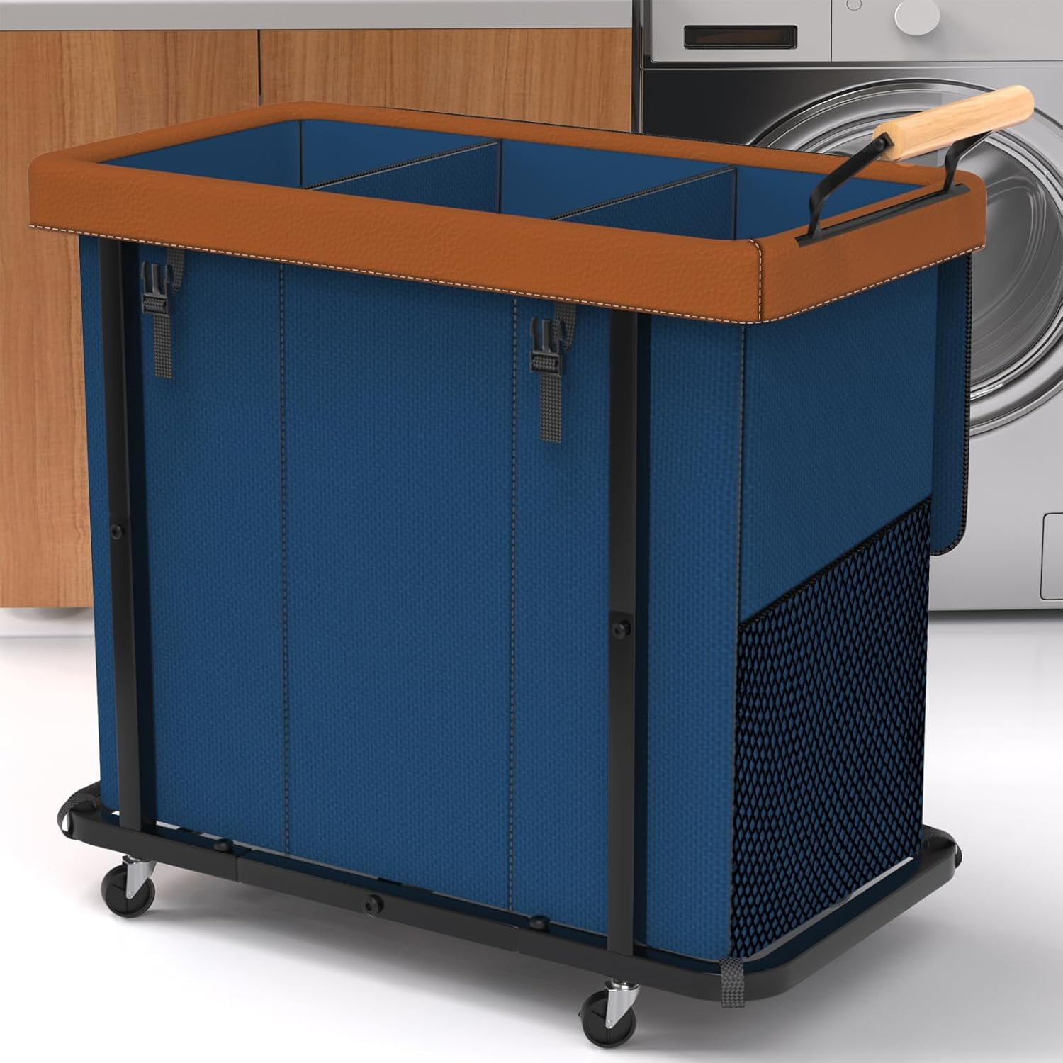 230L (60 Gal) Extra Large Fashion Laundry Sorter 3 Section with Lid, Rolling Laundry Basket Hamper with Handle, Laundry Organizer Storage Cart with Sturdy Metal Frame for Laundry Room,Hotel,Dark Blue