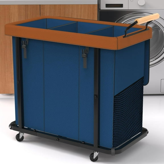 230L (60 Gal) Extra Large Fashion Laundry Sorter 3 Section with Lid, Rolling Laundry Basket Hamper with Handle, Laundry Organizer Storage Cart with Sturdy Metal Frame for Laundry Room,Hotel,Dark Blue