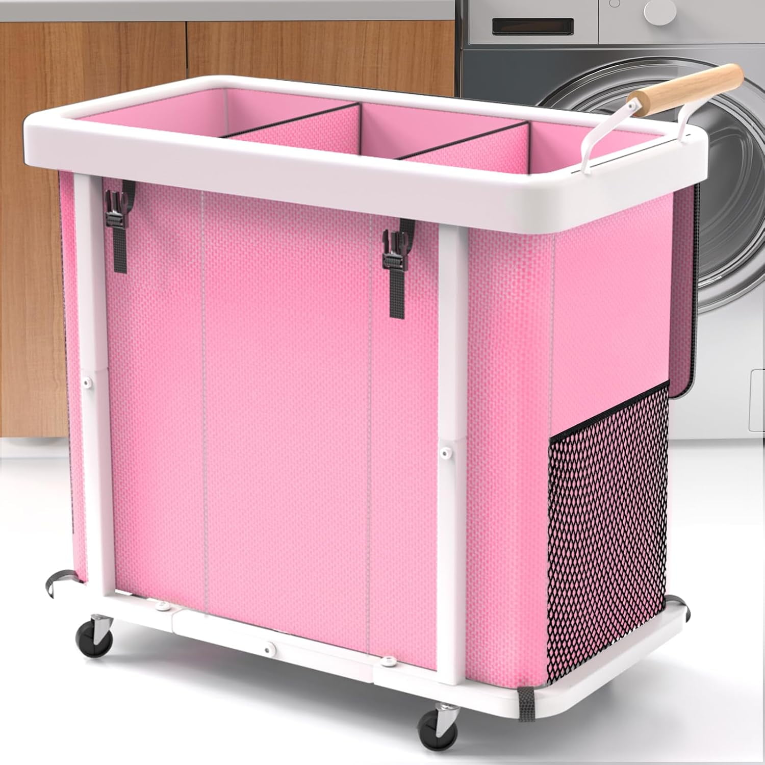 230L (60 Gal) Extra Large Fashion Laundry Sorter 3 Section with Lid, Rolling Laundry Basket Hamper with Handle, Laundry Organizer Storage Cart with Sturdy Metal Frame for Laundry Room, Hotel, Pink