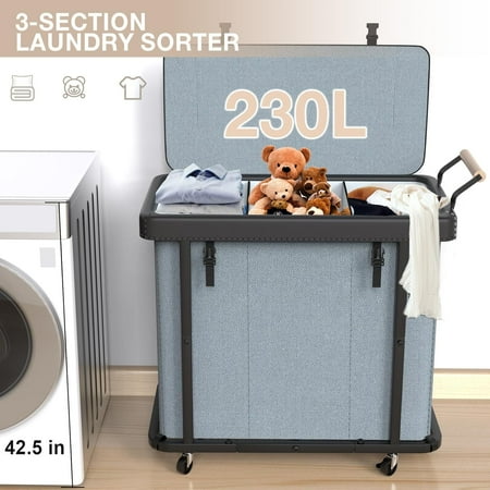 230L(60 Gal) Gray 3-Section Laundry Hamper - Leather Patchwork with Lockable Wheels, Lid & Handle for Home