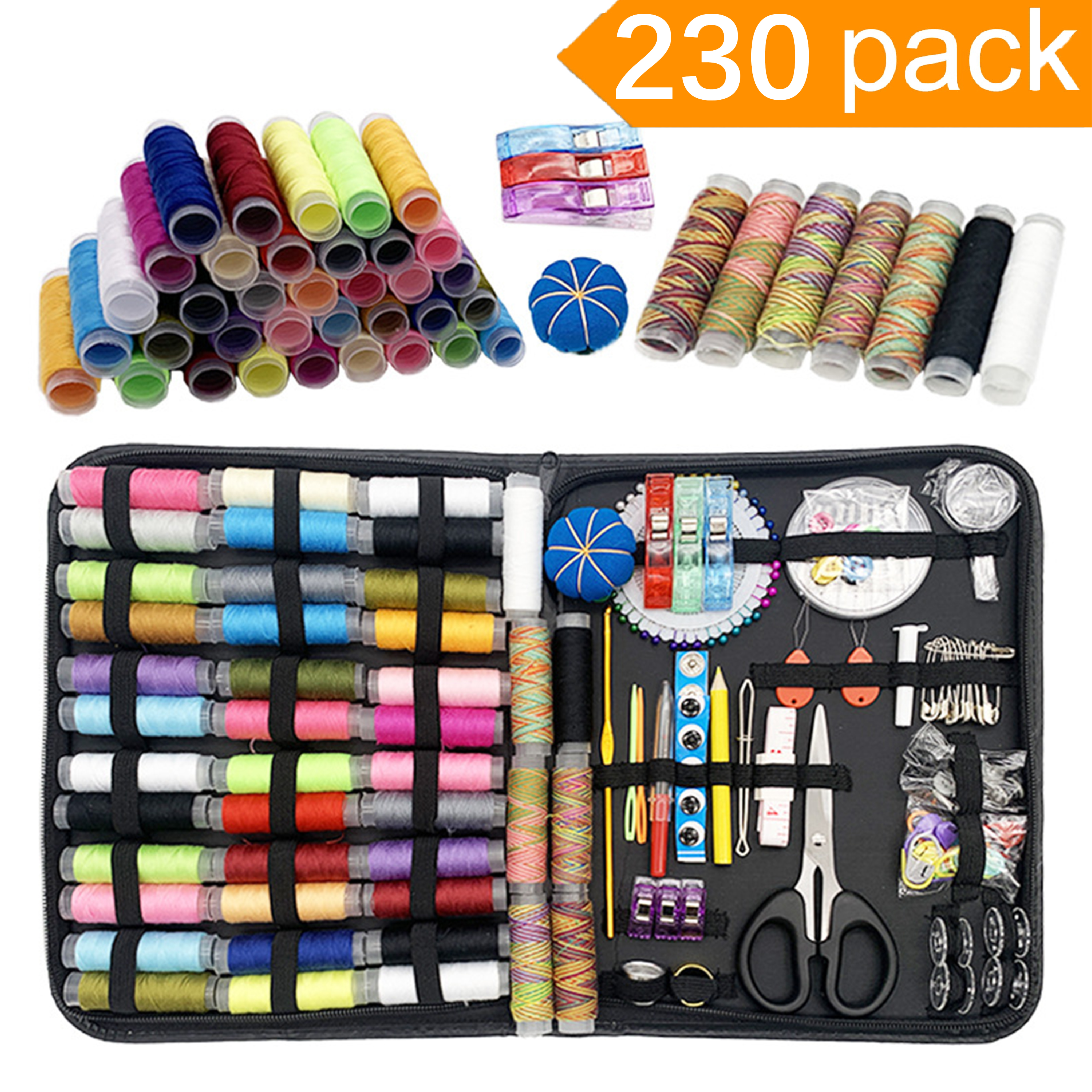 230PCS Sewing Kit, Balomy Sewing Supplies for Home Travel and Emergency, Portable Beginners Travel Thread Stitches Needles Button Set with Cut, Thread Needle Storage Box for DIY （Black）