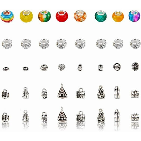 230Pcs European Large Hole Beads Bulk 9 Style Big Hole Beads with 12 Styles Alloy Tibetan Tubes Rondelle Spacer Beads Rhinestones Craft Beads
