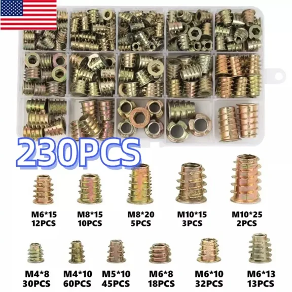 230Pcs M4/M5/M6M8/M10 Threaded Hex Drive Insert Fixing Wood Screw Inserts Nuts