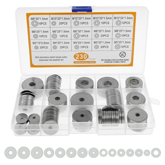 230Pcs Portable Washer Set 304 Stainless Steel Flat Washer Assortment Kit for Automotive Construction Industrial DIY Use