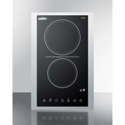 230V 2-burner cooktop in black ceramic Schott glass with digital touch controls and stainless steel frame to allow installation in 15" wide counter cutouts, 3000W