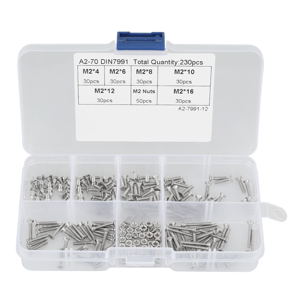 230pcs M2 304 Stainless Steel Flat Head Bolt Screws Nuts Assortment Kit ...