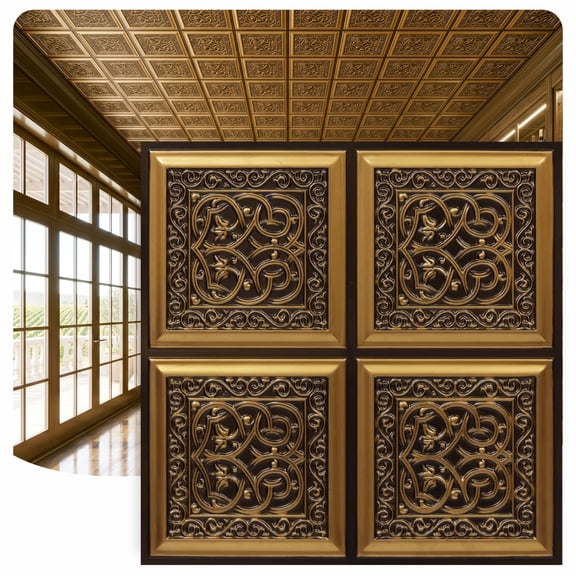 231 - Lover's Knot 2 ft. x 2 ft. PVC Glue-up Ceiling Tile in Antique Gold (40 Sq.ft / Pack) - 10 Pieces