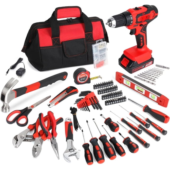 232- 20V Cordless Lithium- Drill Driver & Tool Set, Household Repairing Tools Kit with Drill, 12-Inch Wide Mouth Storage Bag, Red