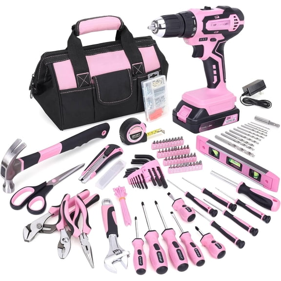 232- 20V  Cordless Lithium- Drill Driver and  Tool Set, Lady's Repairing Kit with 12-Inch Wide Mouth Open Storage Bag