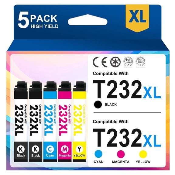 232 232XL Ink Cartridges Compatible for Epson Printer Ink T232 T232XL XP4200 XP 4200 Workforce WF-2930 XP-4205 WF-2950 (5 Pack, Black*2 Cyan Magenta Yellow)