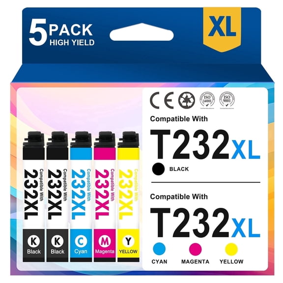 232XL Ink Cartridges Compatible for Epson Printer Ink T232 T232XL XP4200 XP 4200 Workforce WF-2930 XP-4205 WF-2950 (5 Pack, Black*2 Cyan Magenta Yellow)