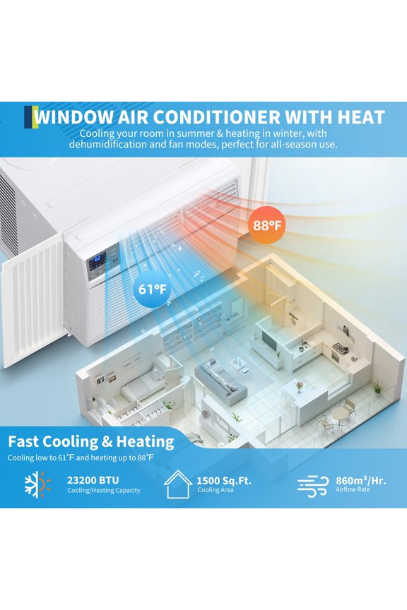 23200 BTU Window Air Conditioner with Heat, App & Voice Control Alexa Assistant, Quiet 4 Mode AC Unit, Cools Up to 1500 Sq.Ft, Remote & Washable Filter, Digital Display