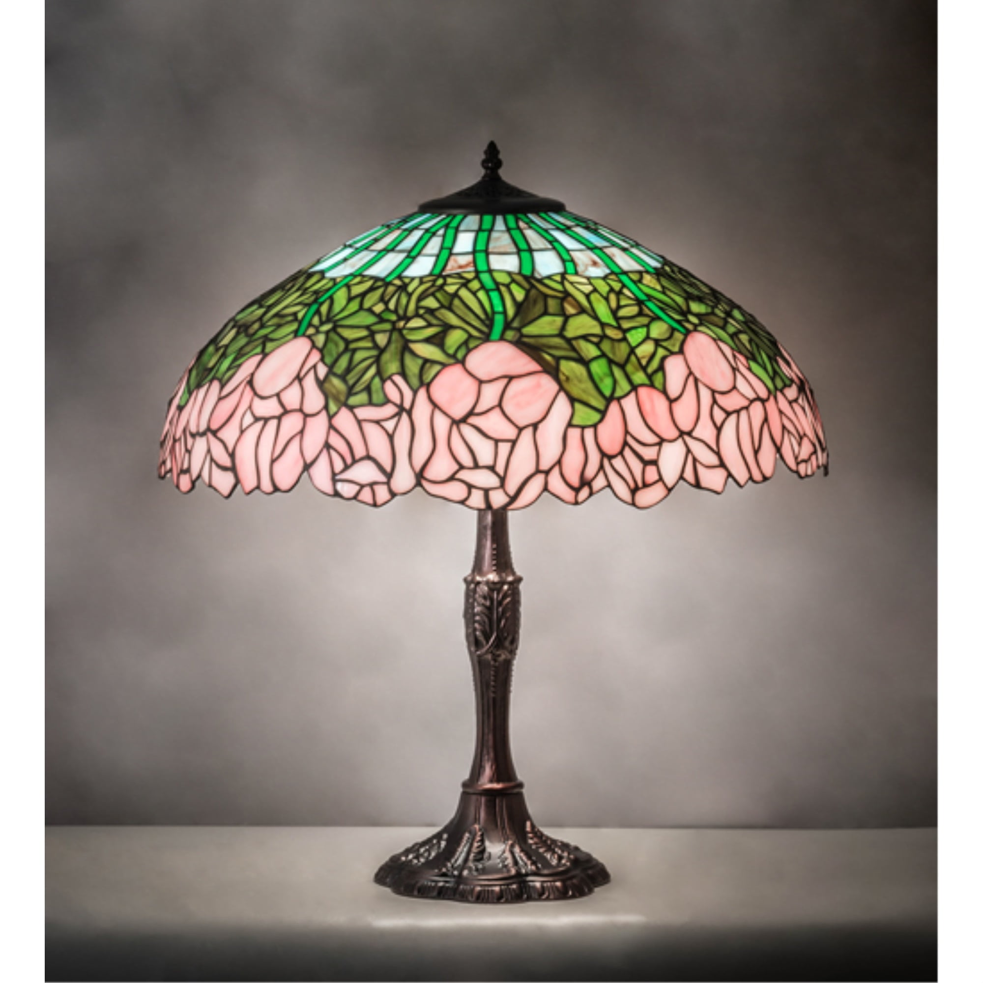 Mahogany Bronze Stained Glass Table Lamp with Pink and Green Shade