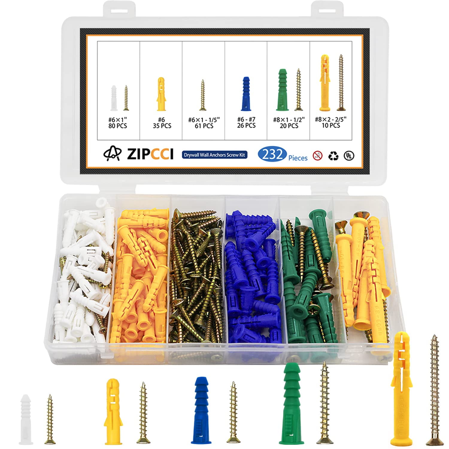 232Pcs Drywall Anchors and Screws Kit, Includes 116Pcs Plastic Wall Anchors Set, 116Pcs Wood Screw, Wall Anchors and Screws for Drywall