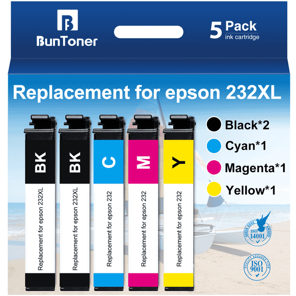 BunToner 232XL Ink Cartridges Replacement for Epson 232 Ink Cartridges Combo for Epson Ink 232 for Epson Workforce WF-2950 XP-4200 XP-4205 Printer (5 Pack, 2 Black Cyan Magenta Yellow)