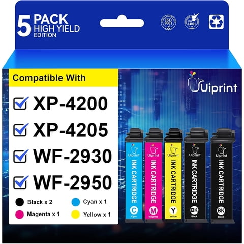 Ink Cartridges Compatible for Epson Printer Ink Combo Pack for Workforce WF-2930 WF-2950 Expression XP-4200 XP-4205 ,5 Pack (2 x Black, Cyan, Magenta, Yellow)