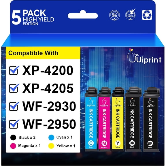 Ink Cartridges Compatible for Epson Printer Ink Combo Pack for Workforce WF-2930 WF-2950 Expression XP-4200 XP-4205 ,5 Pack (2 x Black, Cyan, Magenta, Yellow)