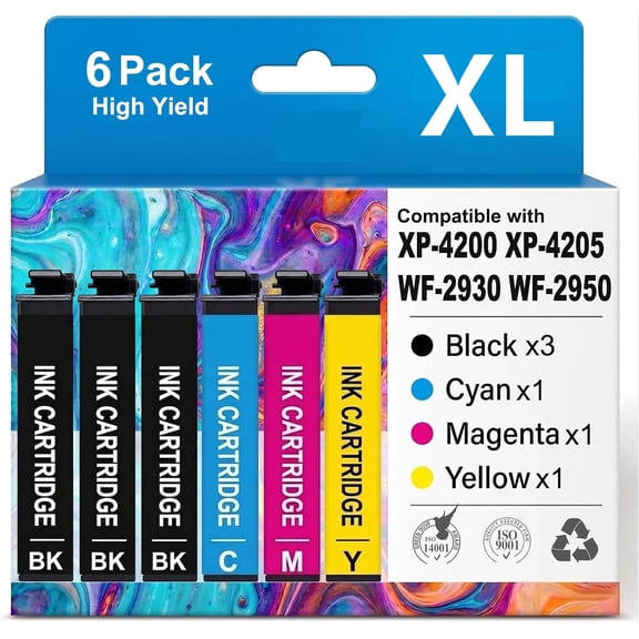 Ink Cartridges Compatible for Epson Ink Compatible for Workforce WF-2930 WF-2950 Expression XP-4200 XP-4205 Printer (Black,Cyan,Magenta,Yellow, 6-pack)