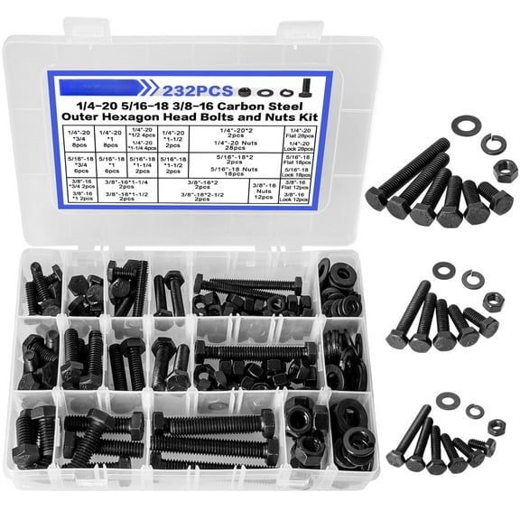 232pcs Hex Socket Button Head Cap Screws, Black Stainless Steel Screws Nuts Washers Assortment Kit 1/4"-20 5/16"-18 3/8"-16