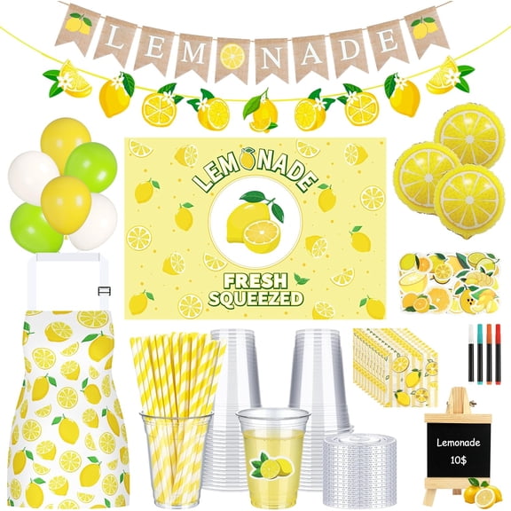233 Pcs Lemonade Stand Supplies Kit-50 Lemonade Cups with Lids and Straws, Tablecloth, Kids Lemon Apron, Lemonade Banner, Chalkboard and Balloons for Summer Lemon Party Stand Decorations