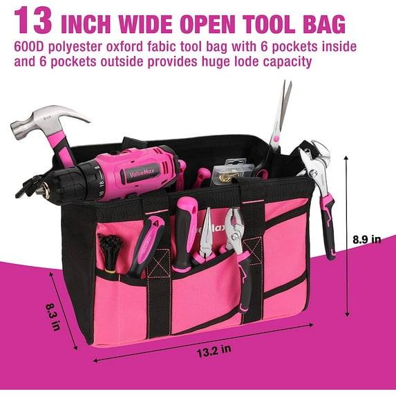 233-Piece Pink Cordless Drill Driver Tool Kit with 12V Lithium-Ion Battery, Wide Mouth Storage Bag for Home and Repair