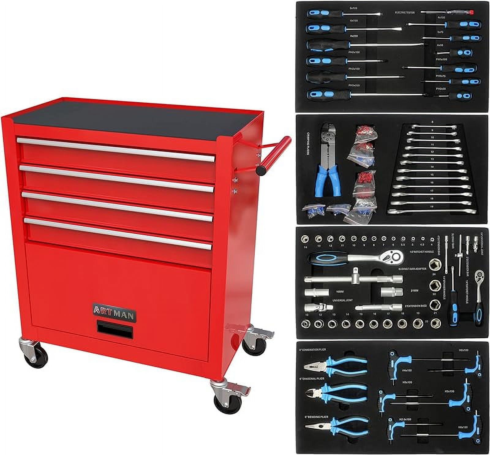 233-piece mechanics tool set, household tool kit with 4-drawer heavy duty metal tool cabinet, portable tool box for home/auto repair-gift for men (red)