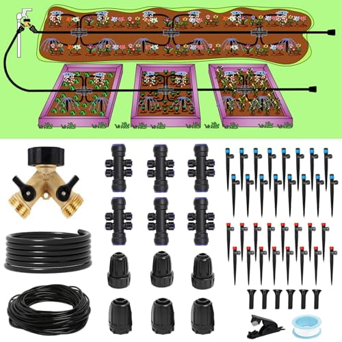 233FT Drip Irrigation System Kit with Quick- System,33FT 1/2" Mainline & 200FT 1/4" Tubing,Brass Y-Type Splitter,Adjustable Nozzle Types.Efficient Sprinkler System Kit$$Garden & Patio