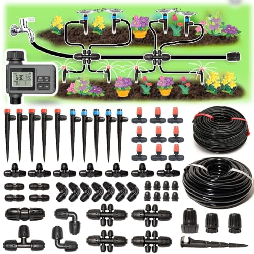 233FT Drip Irrigation System with Timer for Garden Kit Automatic Irrigation Equipment Lock Fittings Micro Drip 360 Degree Fan Sprayer Watering Kit for Greenhouse 1/2 inch 1/4 inch Tubing